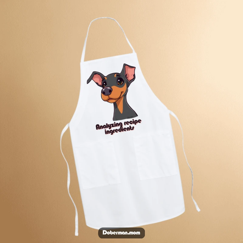 Funny Doberman apron showing a dog with a curious head tilt, ready to assist in the kitchen with humor.