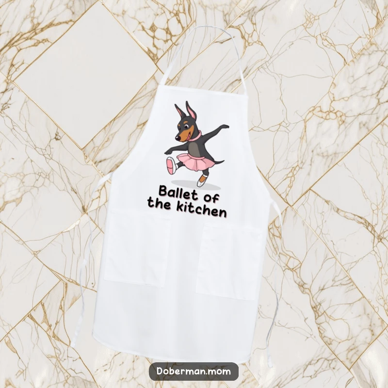Funny Doberman dog wearing ballet slippers, attempting a graceful pose on a protective apron, adding dance humor to cooking.