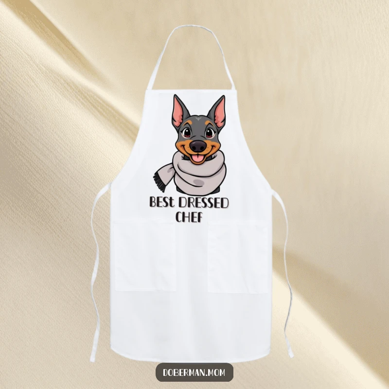 Funny Doberman apron showing an elegant dog wearing a stylish scarf, ideal for cooking with a humorous and chic attitude.