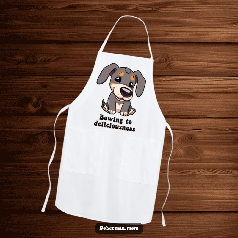 Funny Apron: Kawaii Doberman character with big eyes, playfully bowing its head, designed for adorable kitchen adventures.