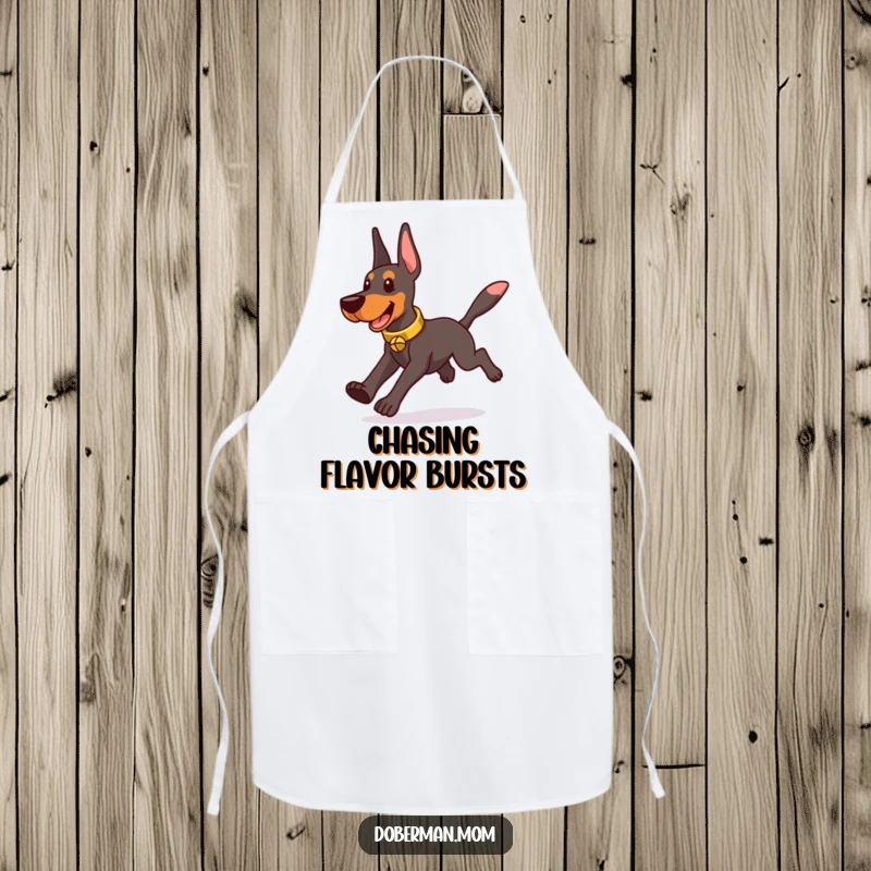 Funny Doberman wearing a tinkling bell collar, playfully chasing its tail, worn by a kitchen chef apron.