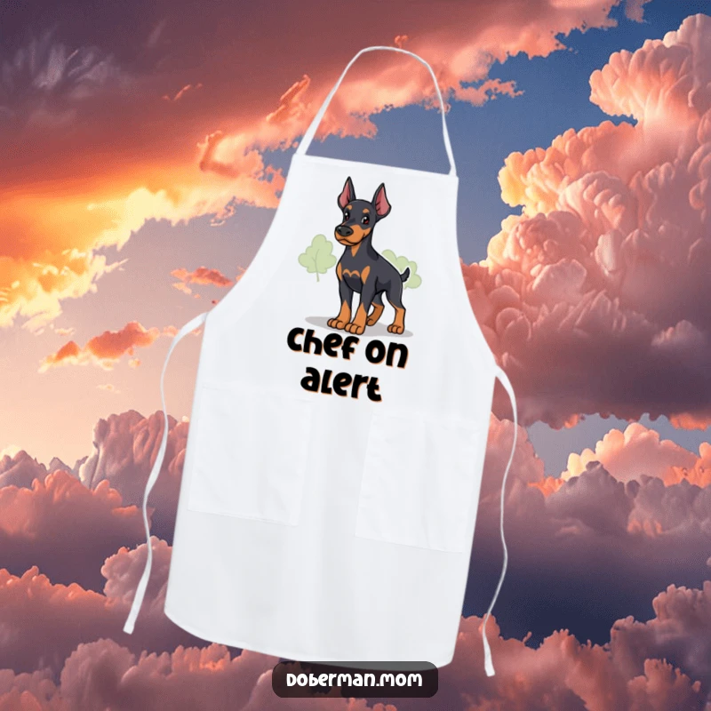 Funny Loyal Doberman Guardian Apron: a protective dog surveys; humorous and practical kitchen wear for loyal cooks.