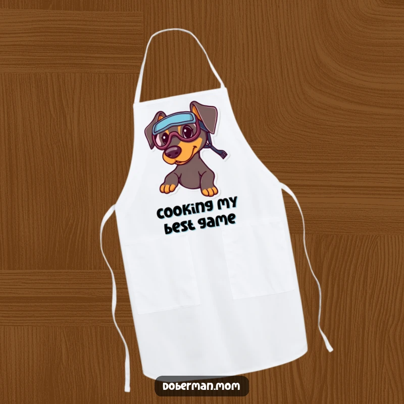 Funny Sports Doberman Apron: A Doberman wearing tiny sports goggles, looking game and ready for kitchen activities.