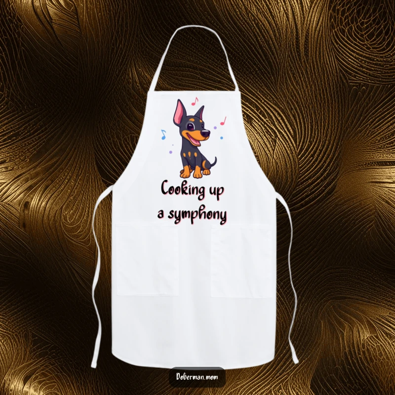 Funny apron showing a Doberman dancing to a lively rhythm with musical notes, perfect for a humorous chef.