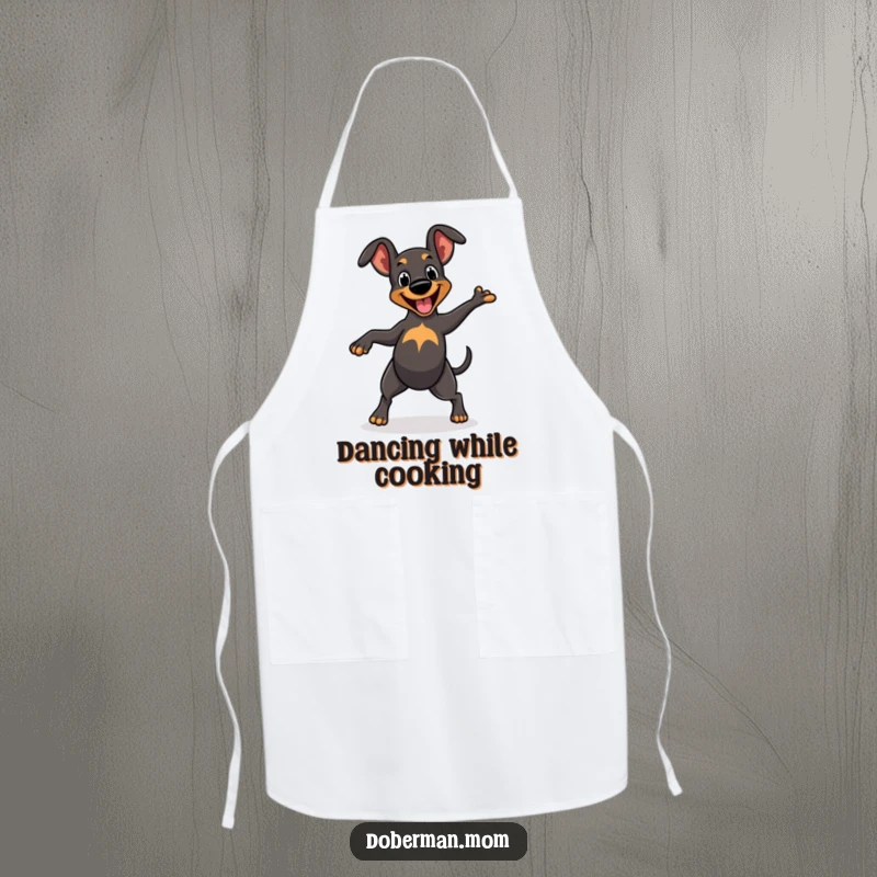 Funny Apron: Cheerful Doberman character dancing with a wagging tail, designed for kitchen fun and dog lovers.