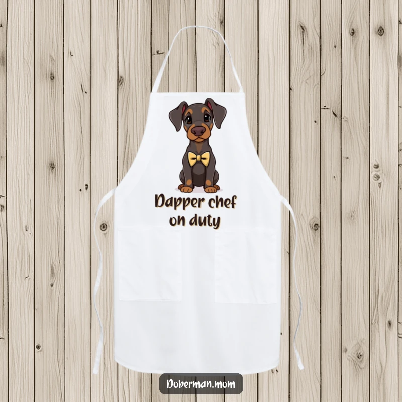 Funny Doberman standing proudly wearing a tiny, elegant bow tie, worn by a kitchen chef apron.
