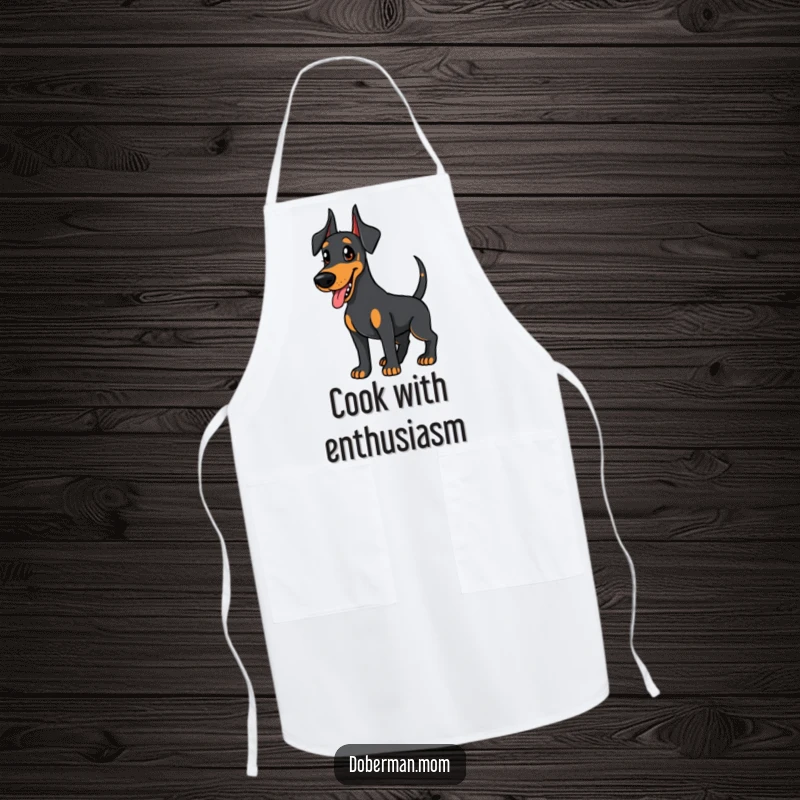 Funny Doberman apron, friendly dog wagging its tail eagerly, humorous and welcoming for kitchen activities.