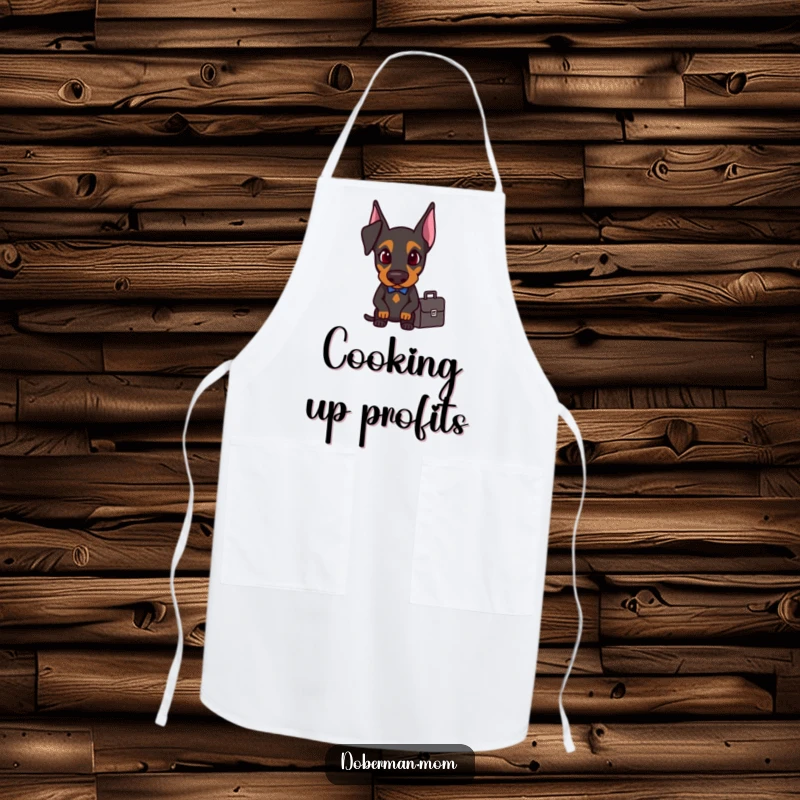 Determined Doberman with a briefcase, wearing an apron, a funny kitchen gift.