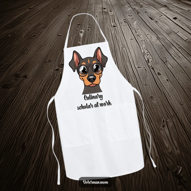 Funny Doberman Chef Apron, a smart dog in tiny spectacles, ready to cook, a humorous and practical kitchen gift.