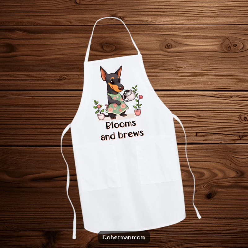 Funny Doberman Gardener Apron showing a Doberman dog in a floral apron, ready to water plants while cooking.