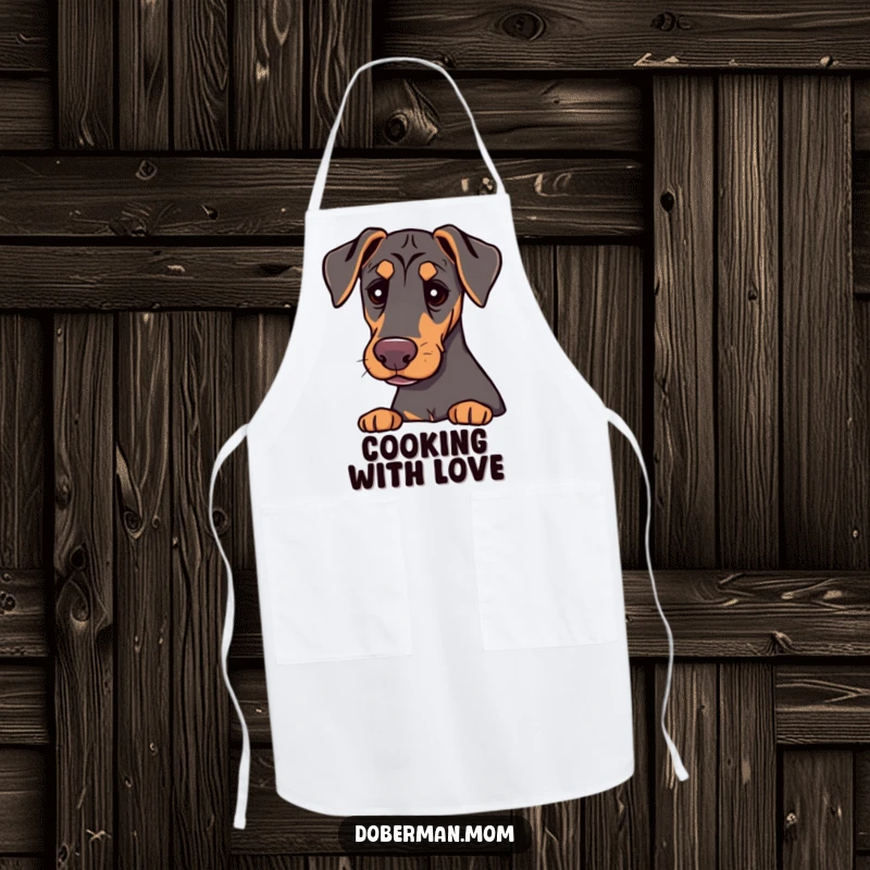 Funny Doberman with gentle eyes, offering comfort, printed on a durable and humorous cooking apron.