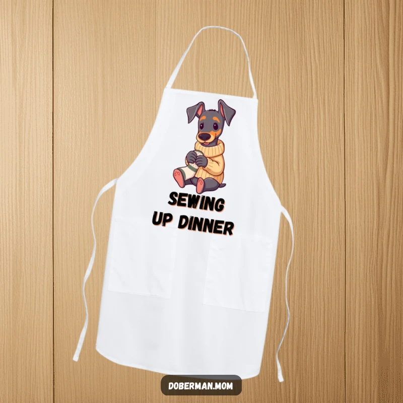 Funny Doberman in a cozy sweater knitting a small sock, functional and humorous apron.