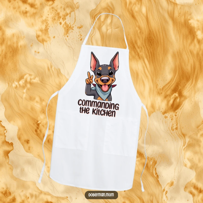 Funny Doberman Salute Apron: A smiling doberman with a bandana gives a playful salute, perfect for a humorous kitchen.