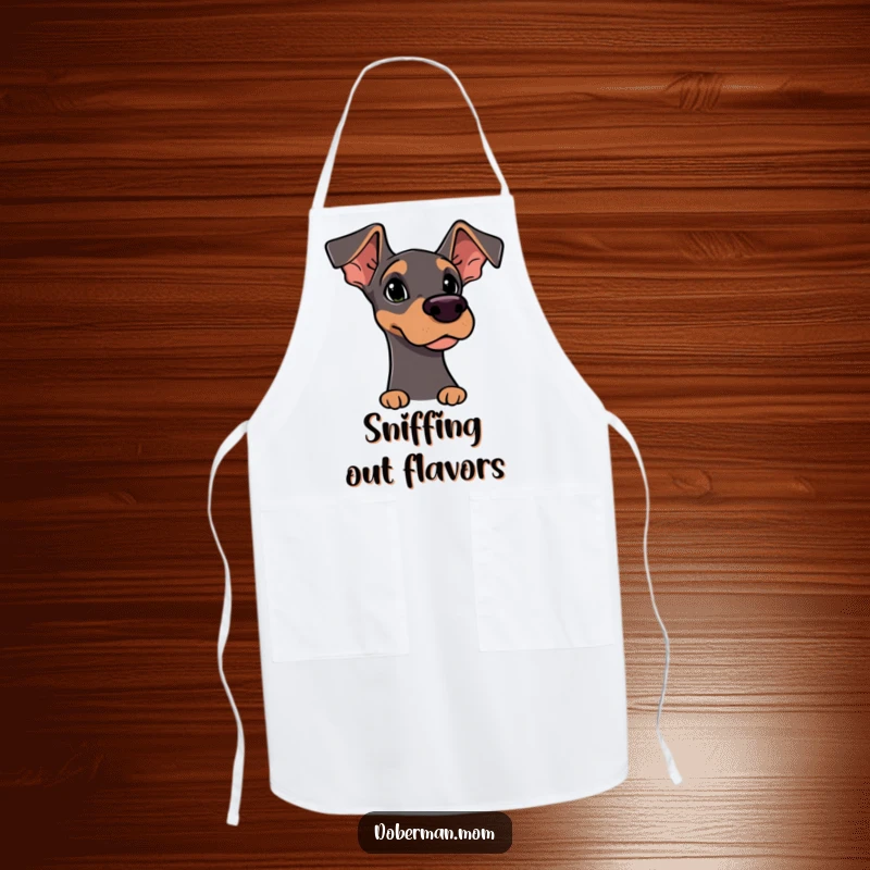 Funny Apron: Alert Doberman character with ears up, curiously sniffing the air, designed for culinary adventures.