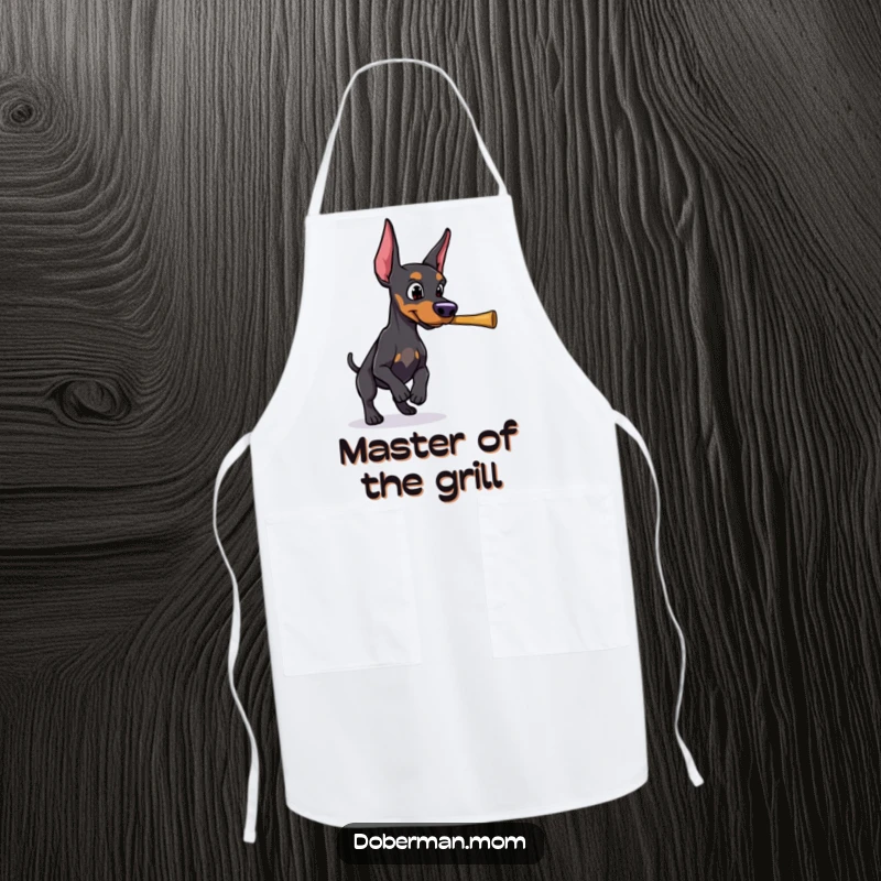 Funny Doberman with a determined gaze, retrieving a stick, printed on a durable and humorous cooking apron.