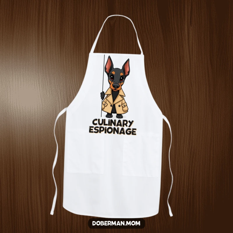 Funny apron with a Doberman in a trench coat, peeking around a corner, ready for a secret culinary operation.