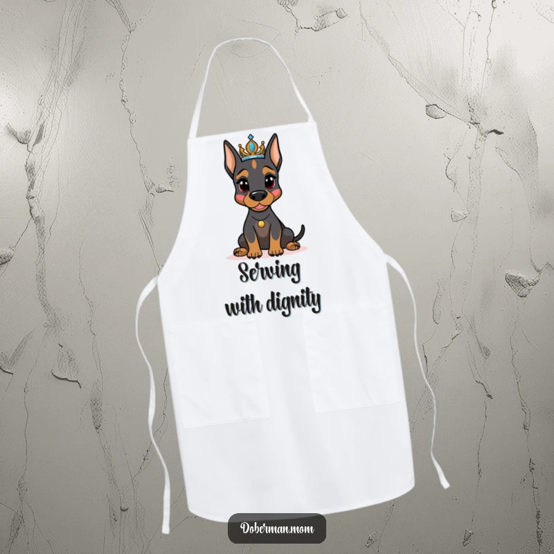 Funny Doberman dog wearing a tiara, posing regally while holding kitchen utensils on a humorous apron, chef's best friend.