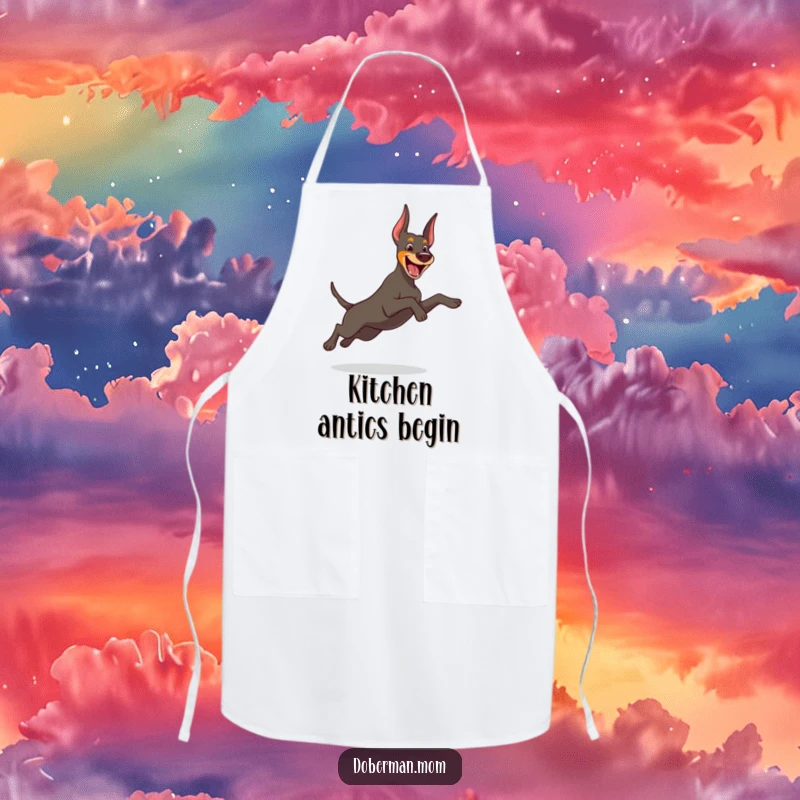 Funny Doberman apron showing a cheerful dog in a playful leap, perfect for cooking with energetic humor.
