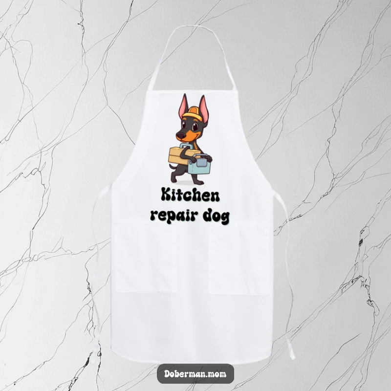 Funny Doberman toolbox apron showing a dog with a small toolbox, ready for a task, perfect for cooking and DIY.