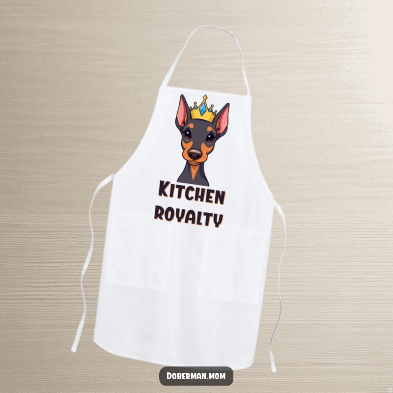 Funny Regal Doberman apron adorned with a small, jeweled crown, adding majestic humor and protection to your cooking attire.