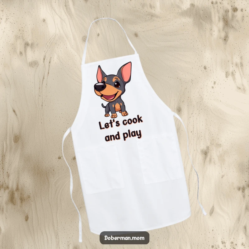 Funny Doberman apron showing a dog in a playful stance, barking to invite interaction while cooking.