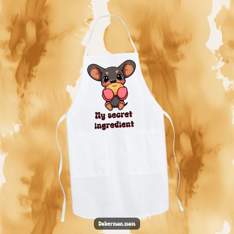 Funny Doberman dog wearing oven mitts, holding a pastry, on a protective apron, adding humor to kitchen tasks.