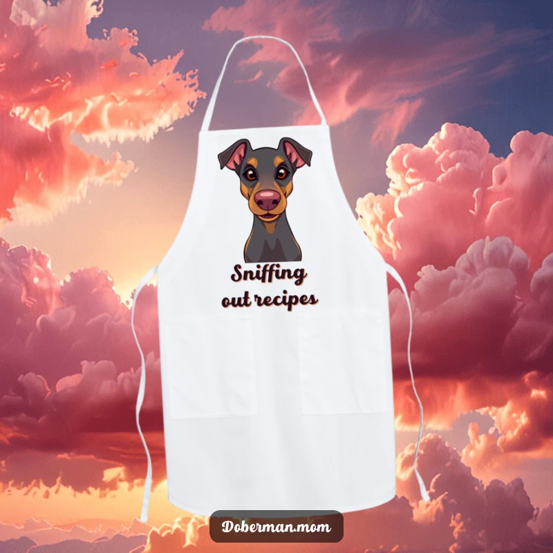 Funny Doberman apron featuring a dog with a playful glint and wiggly nose, ideal for kitchen wear and humor.