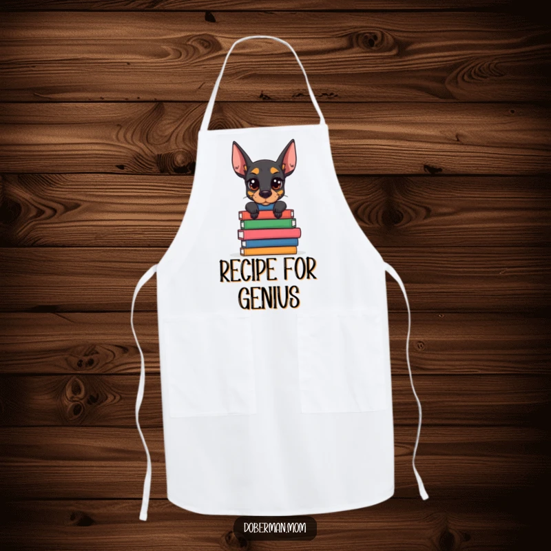 Funny Doberman Book Stack Apron: a determined dog balances books; humorous and practical kitchen wear for smart cooks.