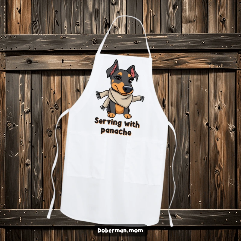 Funny Doberman wearing a stylish scarf winks charmingly while cooking, a humorous and practical apron.