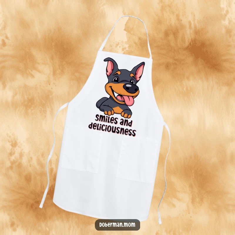 Funny Doberman apron showing a happy Doberman with a grin and panting tongue, ready for culinary fun.