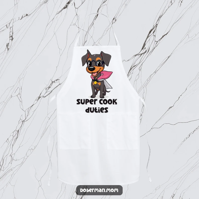 Funny Doberman apron showing a happy dog with a tiny superhero cape, ready for cooking adventures with humor.