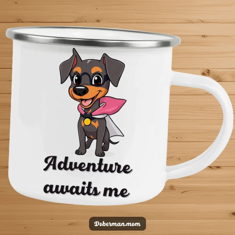Funny Doberman camping mug with a happy dog wearing a superhero cape, ready for heroic adventures and drinks.