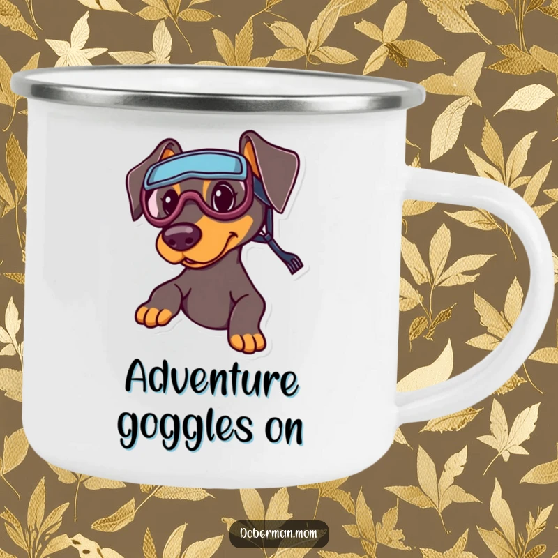 Funny Sports Doberman Camping Mug: A Doberman wearing tiny sports goggles, looking ready for outdoor athletic fun.