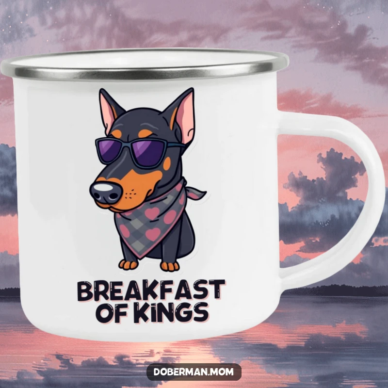 Funny Doberman Camping Mug: A regal Doberman wearing a stylish bandana, ready for adventure, making this mug a humorous outdoor companion.