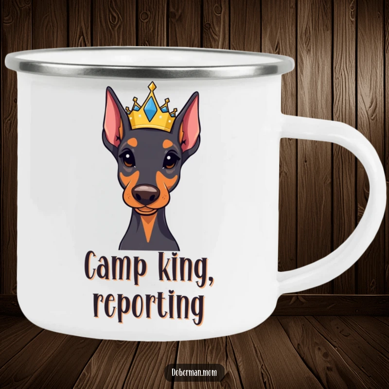 Funny Regal Doberman camping mug adorned with a small, jeweled crown, perfect for enjoying drinks outdoors with majestic humor.