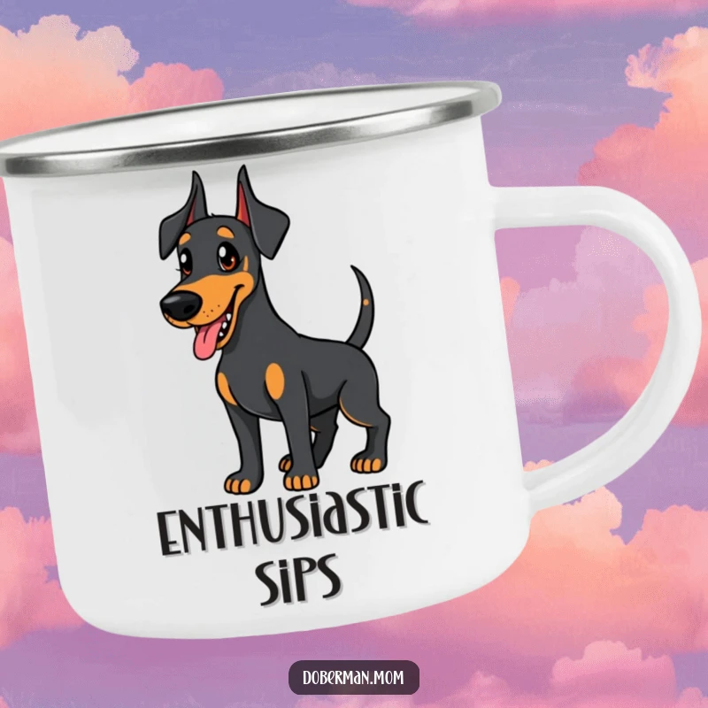 Funny Doberman camping mug, friendly dog wagging its tail eagerly, humorous and durable for outdoor enjoyment.