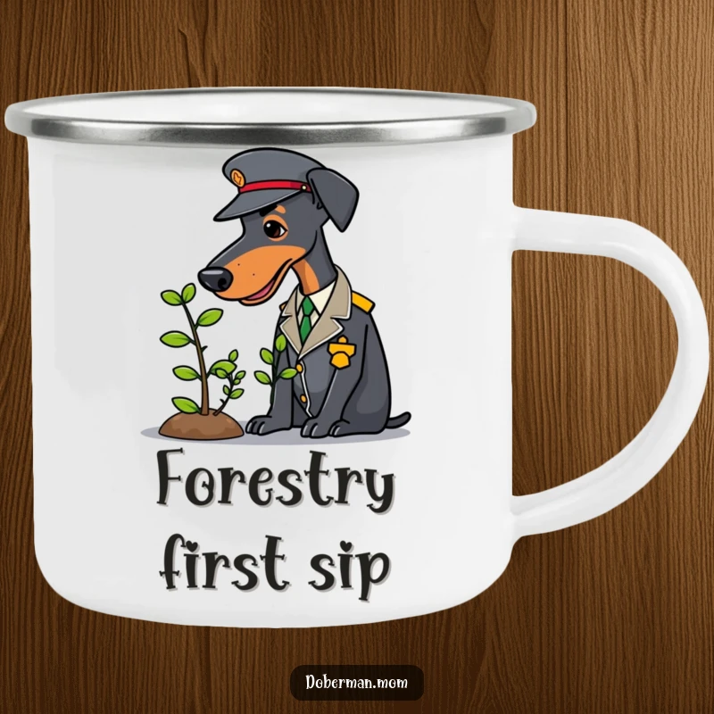 Uniformed Doberman tending a tiny sapling, featured on a durable and funny camping mug.