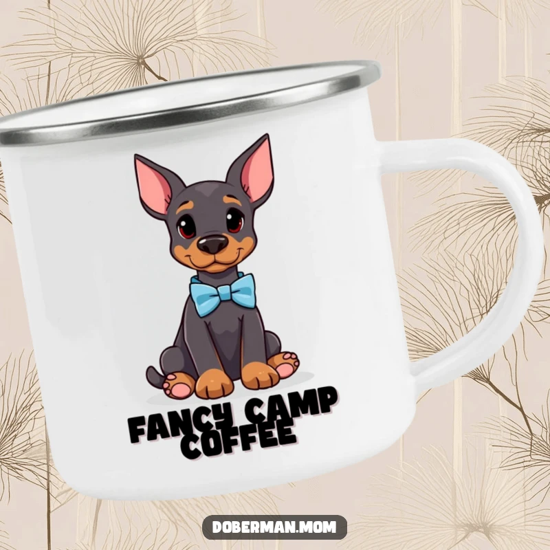 Funny Doberman camping mug with an attentive dog wearing a bow tie, ideal for enjoying drinks outdoors with a hint of sophisticated humor.