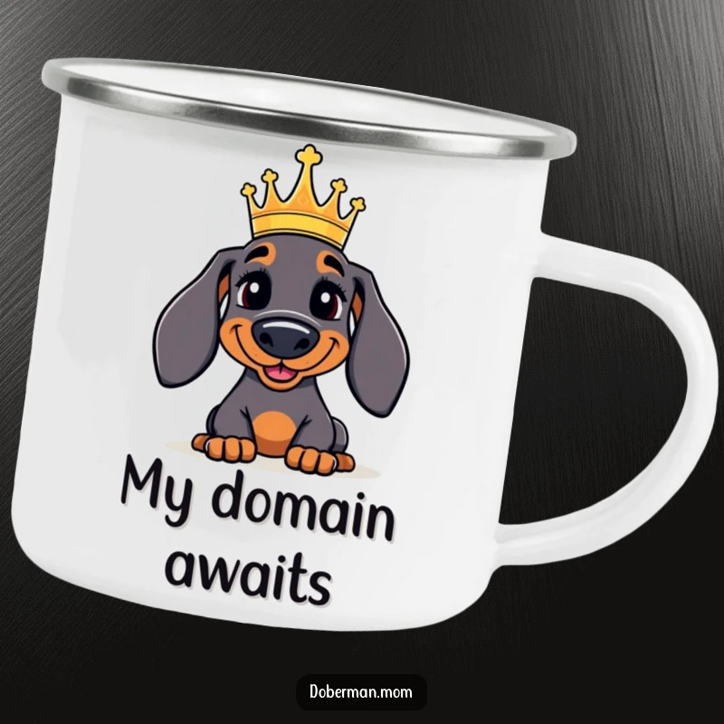 Funny Doberman Camping Mug: A jolly Doberman with a small crown, ready for adventure and hot beverages, exuding regal humor.