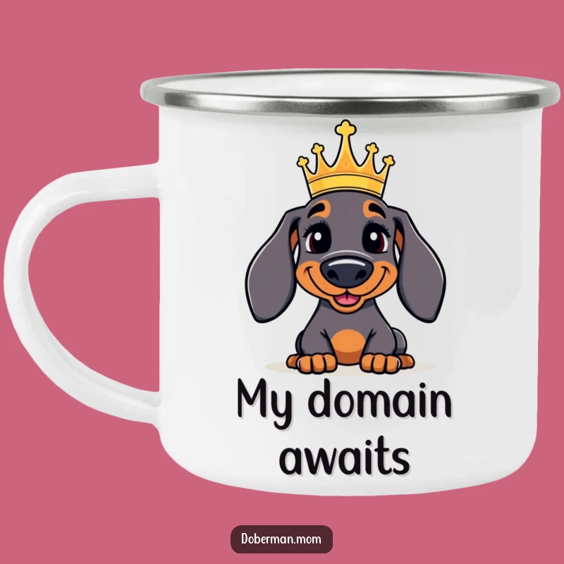 Funny Doberman Camping Mug: Regal Crowned Dog Enamel Cup, Humorous Outdoor Gift