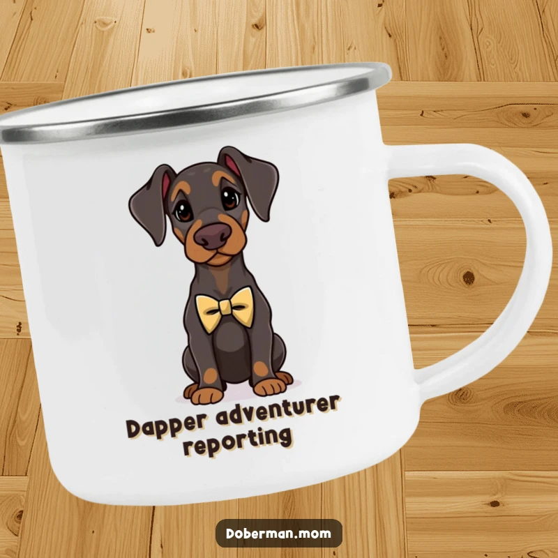 Funny Doberman standing proudly wearing a tiny, elegant bow tie, on a durable enamel camping mug.