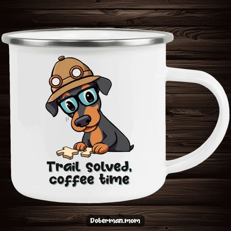 Funny Doberman detective camping mug showing a cool dog in a detective hat, contemplating a puzzle outdoors.
