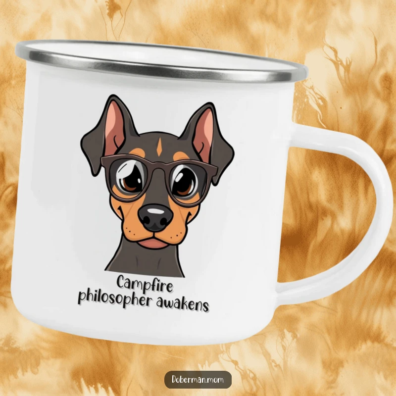 Funny Doberman Explorer Mug, a Doberman with tiny spectacles, ready for adventure, a durable and humorous camping gift.