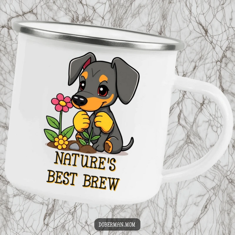 Funny camping mug featuring a Doberman in gardening gloves planting a flower, for outdoor sipping.