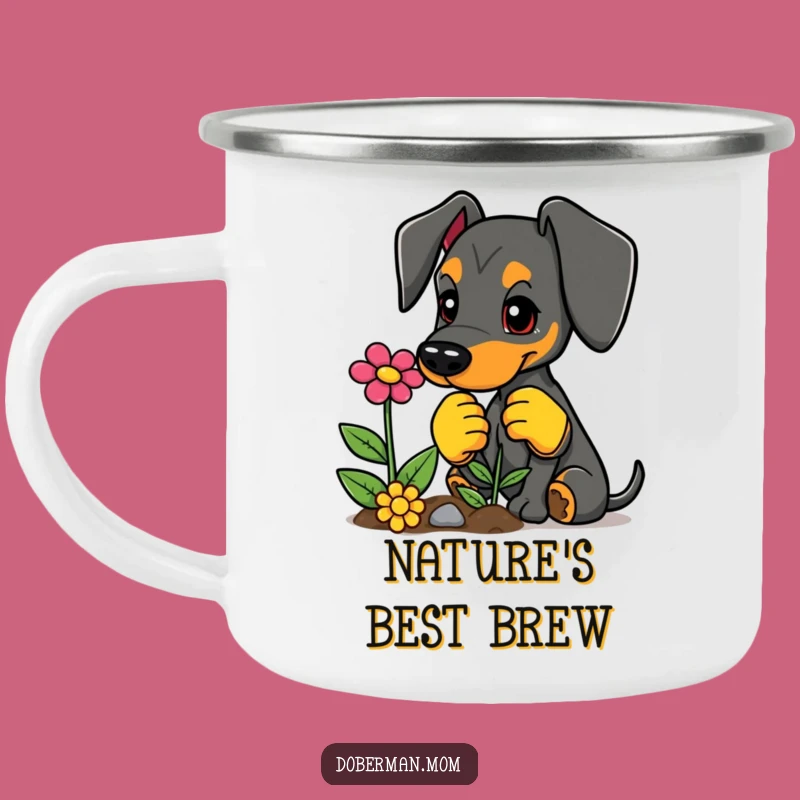 Funny Doberman Gardener Camping Mug: Planting Pup, Outdoor Hydration