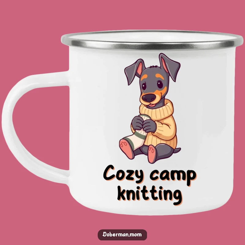 Funny Doberman Knitting Camping Mug: Cozy Pup Outdoor Drinkware Gift