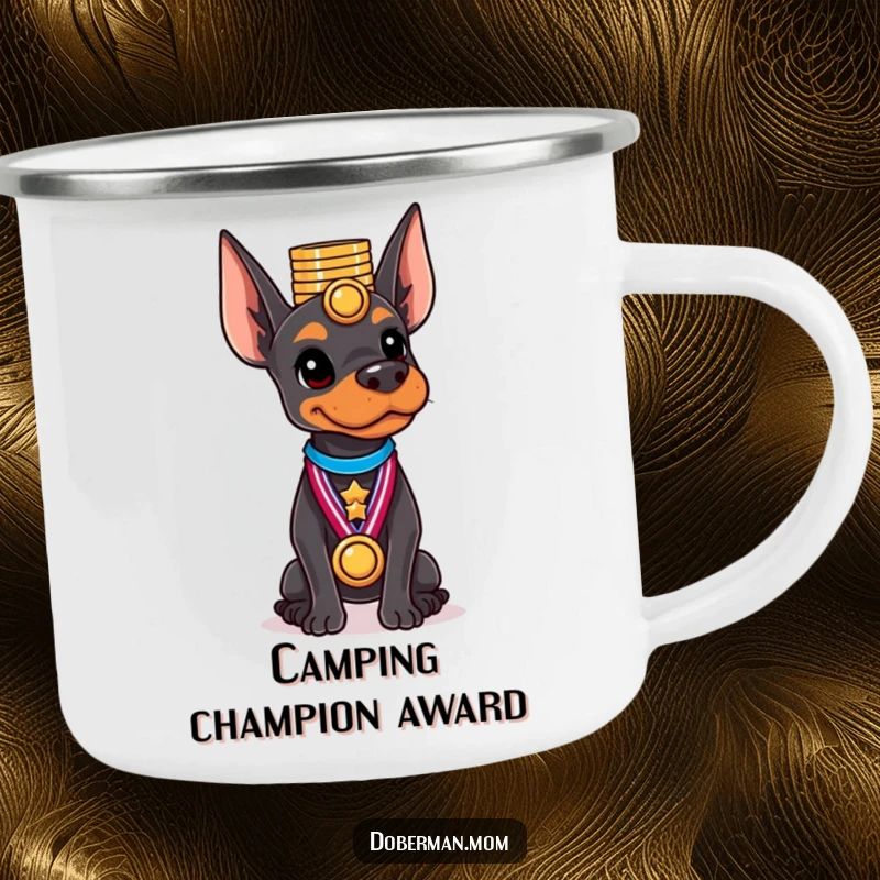 Funny Doberman camping mug with a dog gracefully balancing a stack of shiny medals on its head.