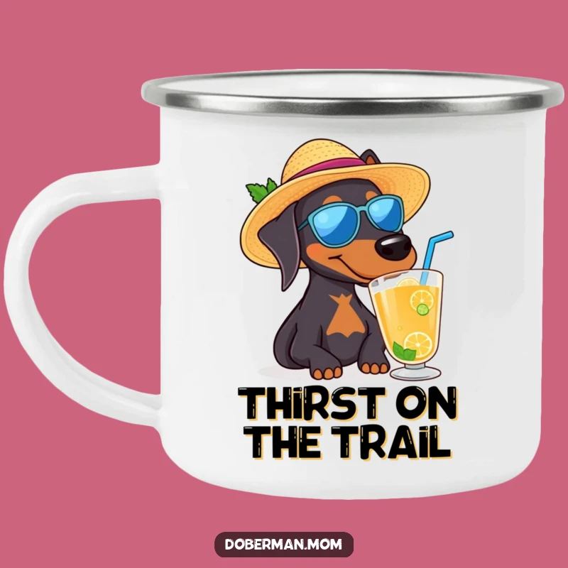 Funny Doberman Sun Hat Camping Mug: Outdoor Relaxation with Tropical Vibes