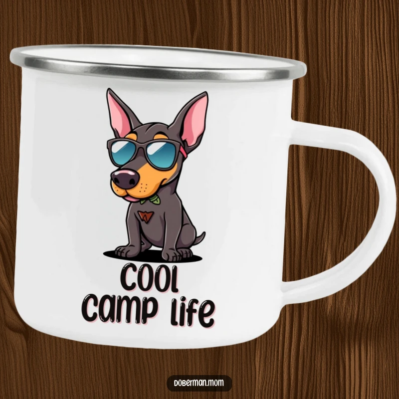 Funny Doberman sunglasses camping mug featuring a dog in cool shades striking a confident pose, perfect for outdoor trips.