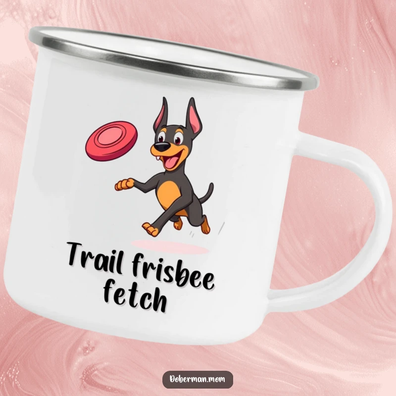Funny Frisbee Doberman Camping Mug: A Doberman joyfully running with a frisbee, ready for outdoor enjoyment.
